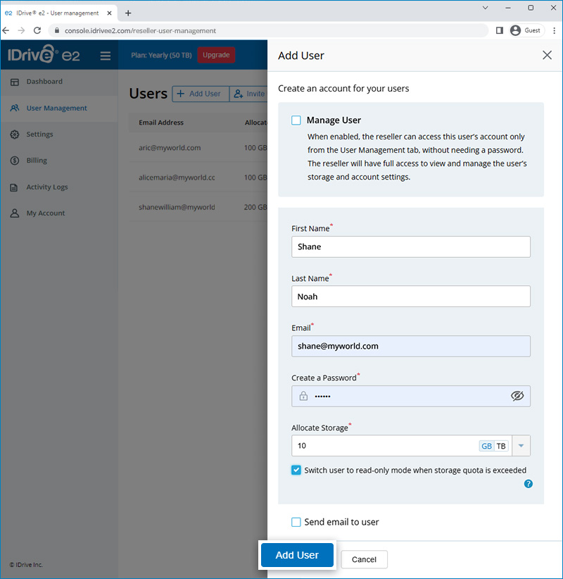 Faq Reseller - final add user screen for a managed reseller account